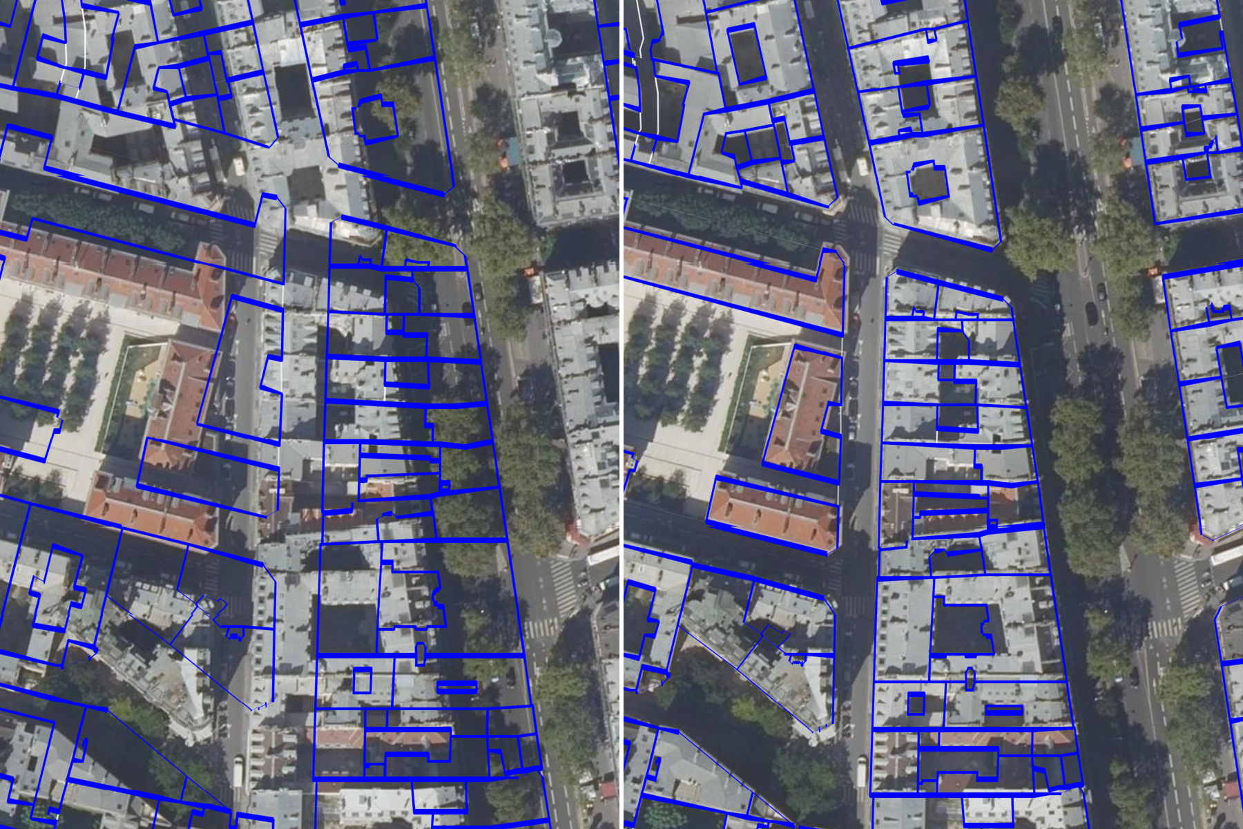 La même orthophoto sous le même plan, à gauche posée à la main et décalée, à droite calée avec les valeurs d’insertion et d’échelle