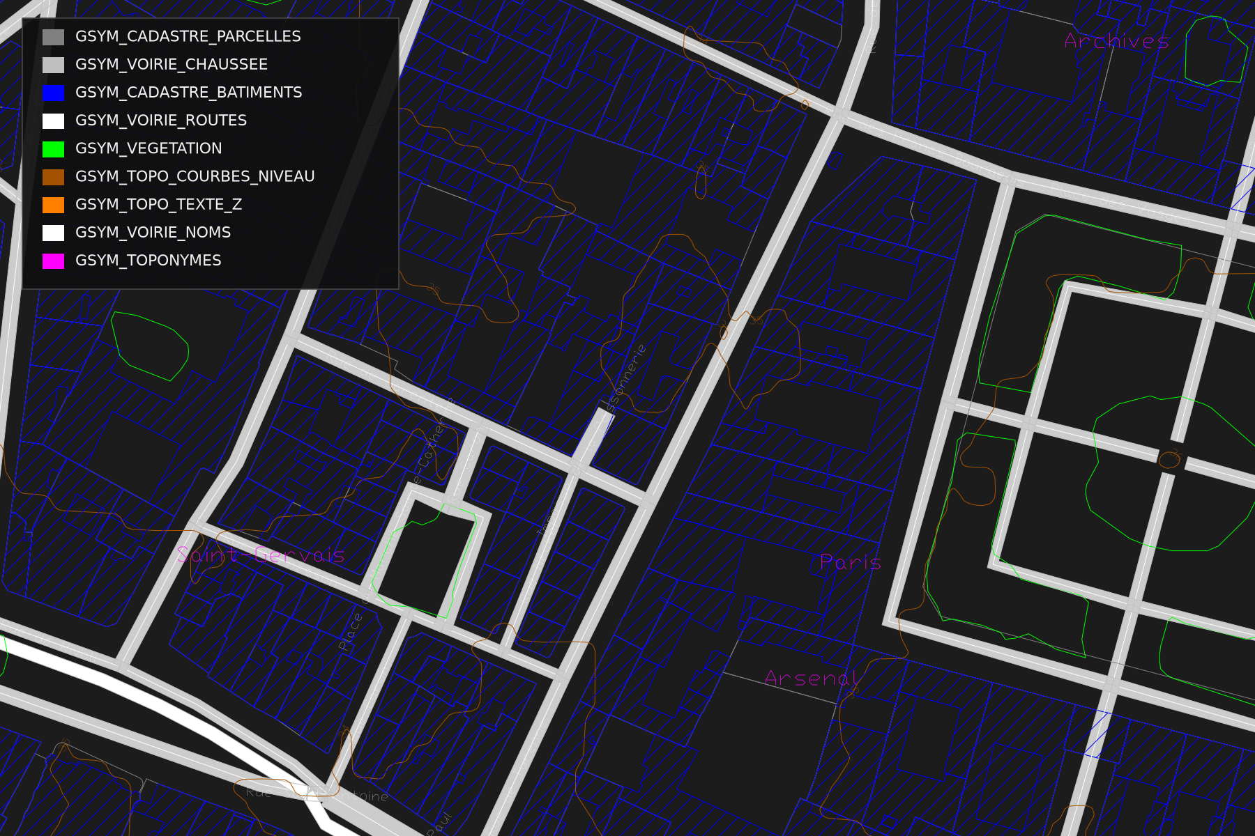 Un plan GEOSYM ouvert dans un logiciel de dessin : calques nommés GSYM_CADASTRE_PARCELLES, GSYM_VOIRIE_ROUTES, GSYM_TOPO_COURBES_NIVEAU, chacun de sa couleur